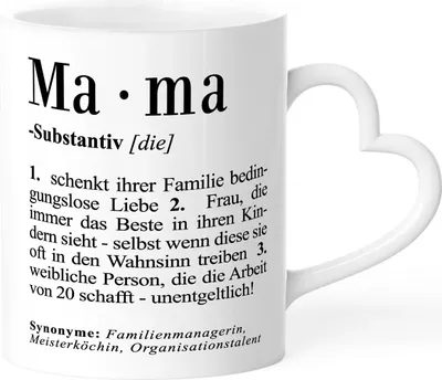 Produktbild von Tasse mit Herz-Henkel Mama Definition Dictionary Wörterbuch Geschenk für Mama Muttertagsgeschenk SpecialMe® Mama weiß Herz-Tasse