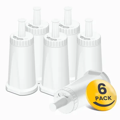 A group of white water filter cartridges arranged on a white background, with a yellow circular sticker indicating '6 PACK'.