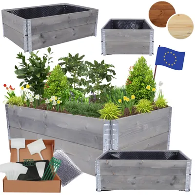 Produktbild von MODO24 Hochbeet Holz, Noppenfolie, Pflanzrahmen, Kräuterbeet, Gemüsebeet, Massivholz Kiefer, 40x120x80 cm, Grau, ZP10