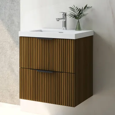 Produktbild von Waschtisch mit Unterschrank 50cm RIVA Badmöbel Set Walnussbraun Rechteckiges Waschbecken mit Unterschrank Softclose