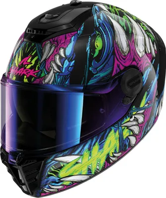 A full-face motorcycle helmet with a graphic design.