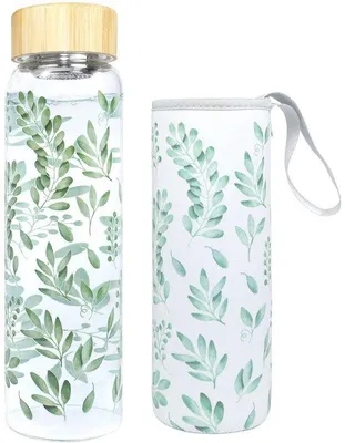 Productafbeelding van 1 Liter Glazen Waterfles met Eucalyptus Hoes en Lekvrije Deksel