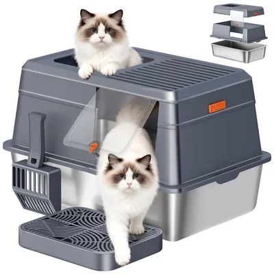 Produktbild von Edelstahl Katzenklo, XXL Geschlossene Katzentoilette, Dunkelgrau Katzentoilette mit Deckel, Inklusive Trittstufe und Schaufel, Leicht zu Reinigen