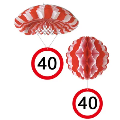 Two red and white honeycomb decorations, one shaped like a parachute and the other a ball, each with a circular sign displaying the number '40'.