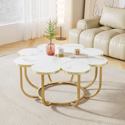 Image de Table basse moderne, forme florale, blanche avec un plateau imitation marbre doré, 100 cm