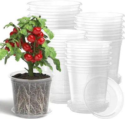 Image de 20 pots de culture transparents avec soucoupe, pots de fleurs en plastique avec trous de drainage, idéaux pour l'intérieur et l'extérieur (10/13/15/18 cm)