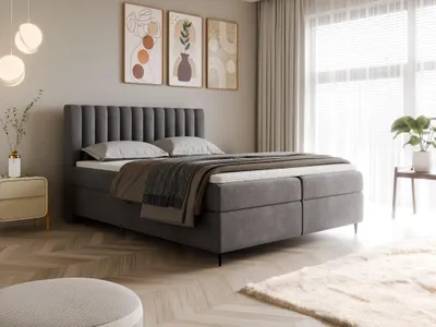 Produktbild von Boxspringbett LUX II 180x200 | Topper 2 Matratzen H3 2 Bettkästen | Weicher Samt Dunkelgrau | Hotelbett Modern Design