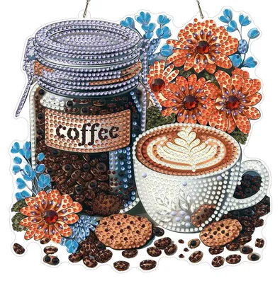 Obrázok produktu pre Sada na tvorbu obrazu technikou "diamond painting" – prívesok s motívom kávy a kvetov, s retiazkou, rozmer 20x20 cm, vhodná pre dospelých