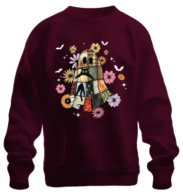 Productafbeelding van Halloween, patchwork kattenprint, bloemen, herfst, vintage, boho, sterren, uni sweatshirt, trui, bordeauxrood, XXL