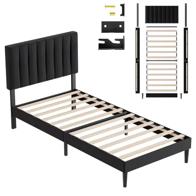 Produktbild von KUTAS Klassische Betten 90x200, Polsterbett Schwarz mit verstellbarem Kopfteil, Stauraum, Holzlatten, leises Bettgestell für Schlafzimmer