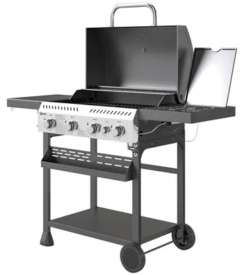 Produktbild von BBQ-Grill Grillwagen, Gasgrill 4 Brenner mit Seitenkocher, Edelstahl, Schwarz | Warmhalteplatte | 5 Piezo-Zündungen | 135 x 55 x 103 cm