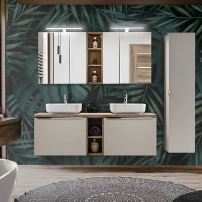 A modern bathroom with a double vanity, large mirror, and a tall cabinet, set against a tropical leaf wallpaper.