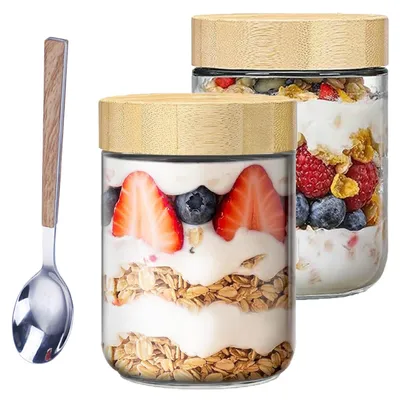 2er-Set Glasbehälter 500 ml mit Bambusdeckel und Löffel