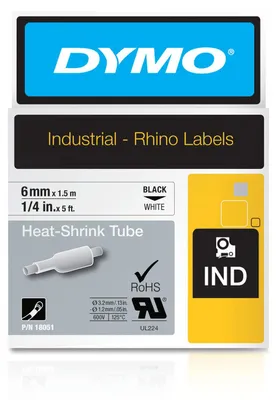 Produktbild von Rhino IND ORIGINAL Heißschrumpfschlauch 6mm x 1,5m, schwarz auf weiß, , Etiketten- Schrumpfschlauch (für Durchmesser 1,18-2,33 mm, 18051)