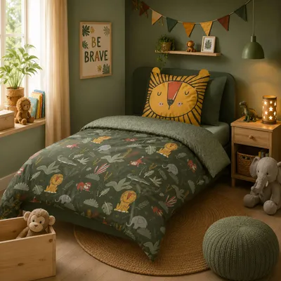 Produktbild von Kinder Bettwäsche Set 135x200 80x80 cm Dschungel Löwe Bettwäsche mit Ohren, 2 teilig, Renforcé aus 100% Baumwolle mit Reißverschluss
