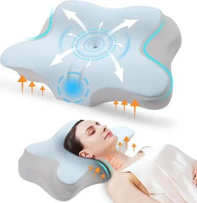 Obrázok produktu pre Ortopedický vankúš Zervikales z viskoelastickej peny, odnímateľná ergonomická podpera krku pre bolesti krku a ramien, vankúš na podporu krku pre spanie na boku (modro-zelená farba, mäkký materiál, rozmer 64 x 12,5/10,5 x 42 cm)