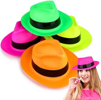 Zdjęcie produktu dla Zestaw 12 neonowych kapeluszy w stylu gangsterskim - rekwizyty do fotobudki - kolorowe akcesoria - idealne na imprezy