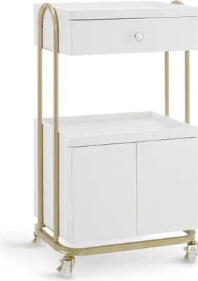 Produktbild von M MCombo Servierwagen mit Rollen & Schublade, Rollwagen Friseurwagen Weiß-Gold, Salon Trolley mit 2 Ablagen und Schrank, Moderner Arbeitswagen 0086