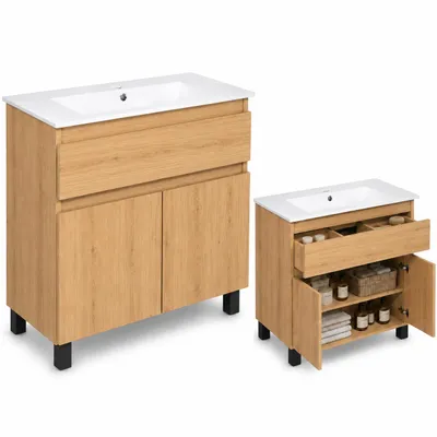 Produktbild von Waschbeckenunterschrank Badmöbel Sink Holz Badschrank Gäste WC Schublade Regal Türe Badunterschrank Toilette Gästebad Eiche Schwarz Beine 80x40x83,7, KI-generiertes Bild