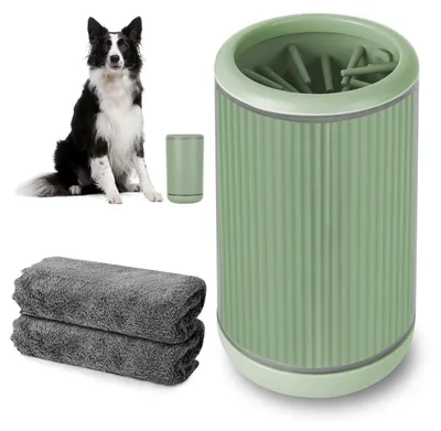 Image de Nettoyant pour les pattes des chiens et des chats, avec 2 lingettes, une brosse intérieure en silicone, de couleur verte, taille L