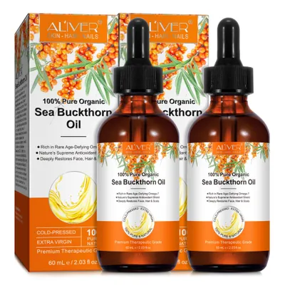 Productafbeelding van Zonnebloemolie (uit zonnebessen) voor huid, haar en nagels, geschikt voor de hoofdhuid. Koudgeperst, veganistisch. 2 flessen van 60 ml
