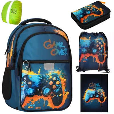 Produktbild von Schulranzen für Jungen und Mädchen, 5er-Set - Schul-Rucksack für Kinder mit Federmäppchen - Schuhbeutel und Regenschutz - Game Motiv