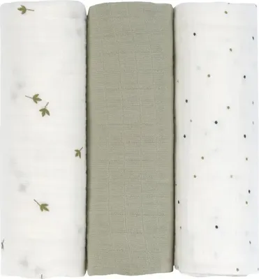 Produktbild von LAESSIG Swaddle & Burp Blanket L Leave olive, 3 pcs, 85 x 85 cm L LEAVE OLIVE