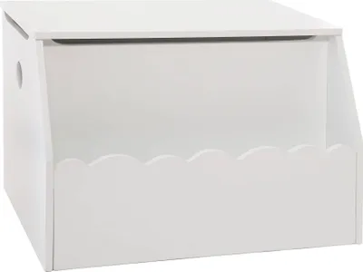 A white toy chest and bookshelf.