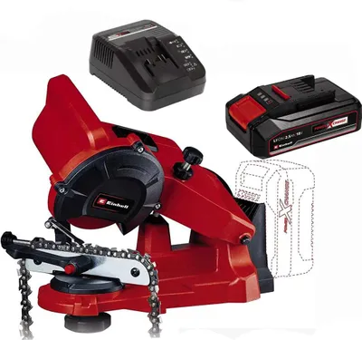 A red and black electric chainsaw sharpener with a battery and charger.