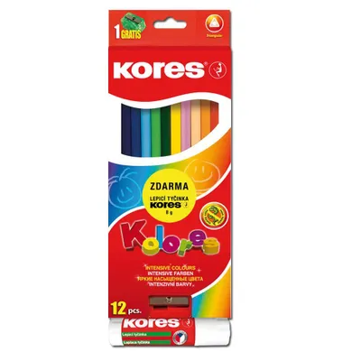 Obrázek produktu pro Kores pastelky Kolores trojhranné 12 ks, ořezávátko + lep. tyčinka 8 gr