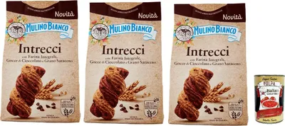 Produktbild von Mulino Bianco Intrecci Biscotti, Vollkorn -Kekse mit Kakao -Gebäck und Schokoladenchips, biscuits, cookies, 3x 300g + Italian Gourmet polpa 400g