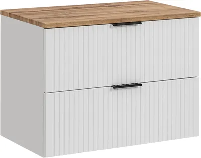 Image de Armoire De Salle De Bain 80 Cm Blanc Mat Rainuré Avec Plateau En Chêne Wotan