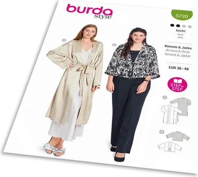Obrázek produktu pro Střih Burda 5720 - Kabátek s páskem, kimono, saténový kabátek, kardigan