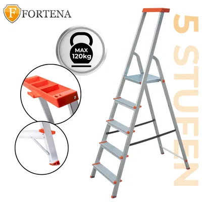 A silver aluminum stepladder with orange accents, shown against a white background. Inset images highlight specific features of the ladder.