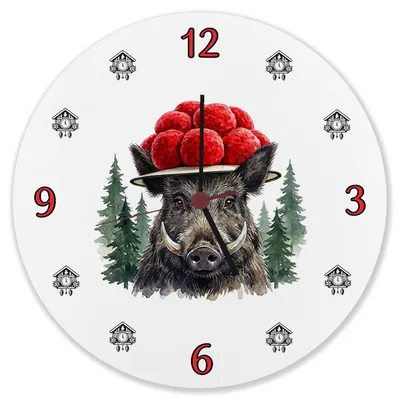 Produktbild von Wildschwein mit Bollenhut Wanduhr aus Alu Schwarzwald Motiv