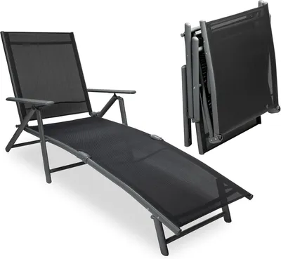A black folding sun lounger is shown in two views: one fully extended and one folded.