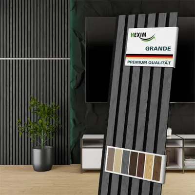 Produktbild von HEXIM Akustikpaneele 140x30cm Holz Grande - Wandpaneele Platten Lamellen Holzpaneele Echtholzfurnier 21mm Filz Schalldämmung MDF Grau (0,42m² Grey Ash)