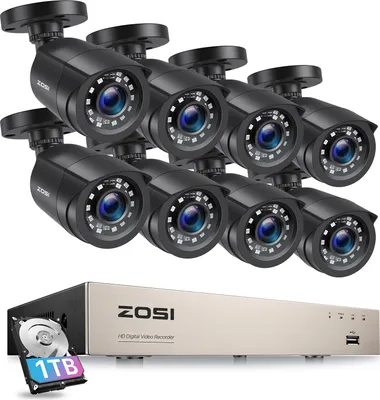 Produktbild von ZOSI 8CH 1080p Außen Video Überwachungsset mit Kabel, 1TB Festplatte, 8 Stück Bullet Überwachungskamera