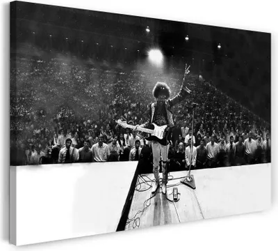 Produktbild von Leinwandbild (80x60cm): Jimi Hendrix on stage schwarz weiß Rock-Star black white retro, echter Holz-Keilrahmen inkl. Aufhänger, handgefertigt in Deutschland