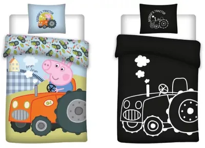 Two bedding sets, one with a colorful Peppa Pig tractor design and the other with a black and white tractor outline. Both are shown on white beds with pillows.