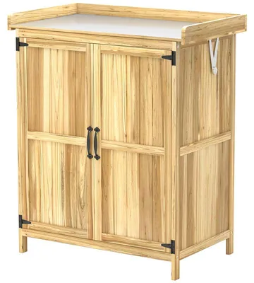 Image de Armoire de jardin en bois avec plan de travail en acier inoxydable et double porte pour ranger les outils