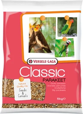 A bag of bird seed for parakeets, featuring images of different types of parakeets.