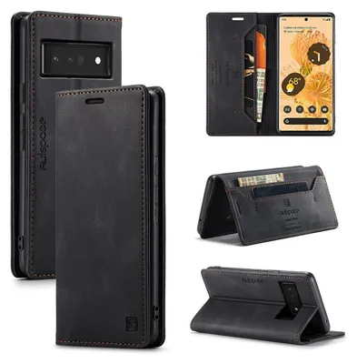Produktbild von Google Pixel 6 Pro Brieftasche Hülle, Retro Kunstledertasche Stand Schutzhülle für Google Pixel 6 Pro Schwarz