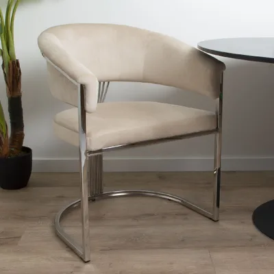 A beige velvet dining chair with a silver metal frame is shown in a room with a plant and a table.