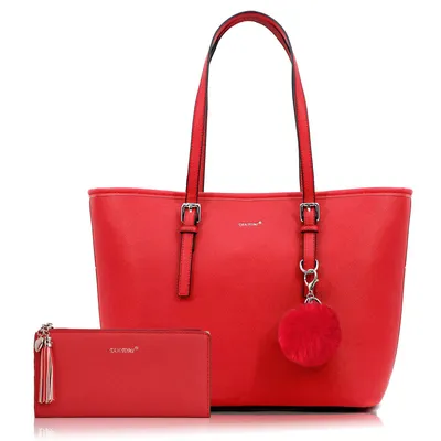 Produktbild von Shopper Handtasche Damen mit Geldbörse und Schlüsselanhänger Groß Damen Handtasche, ​Geschenke für Frauen in schlichter Optik (Rot)