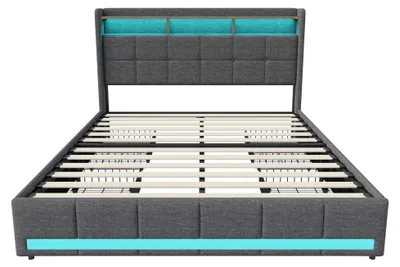 Zdjęcie produktu dla Łóżko 140 x 200 cm – łóżko tapicerowane z schowkiem – oświetlenie LED – funkcja ładowania USB – 4 szuflady – drewniana rama – szare