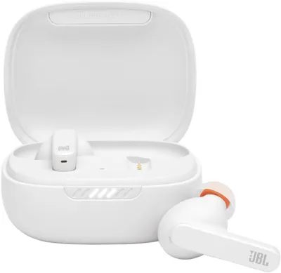 A white charging case for wireless earbuds is open, with one earbud inside and another earbud placed next to it.