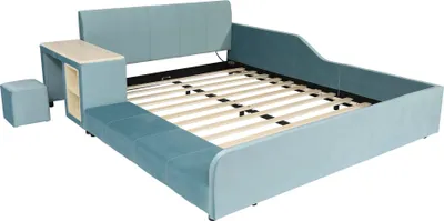 Produktbild von MODFU Polsterbett 140×200 Einzelbett mit Kinderschreibtisch und Hocker,Weiches Kopfteil mit Ablageboden,Jugendbet mit Holzlatten,Blau(ohne Matratze)