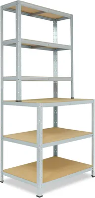 A metal shelving unit with wooden shelves against a white background.