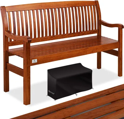 A wooden garden bench with a black cover underneath it, presented on a white background.